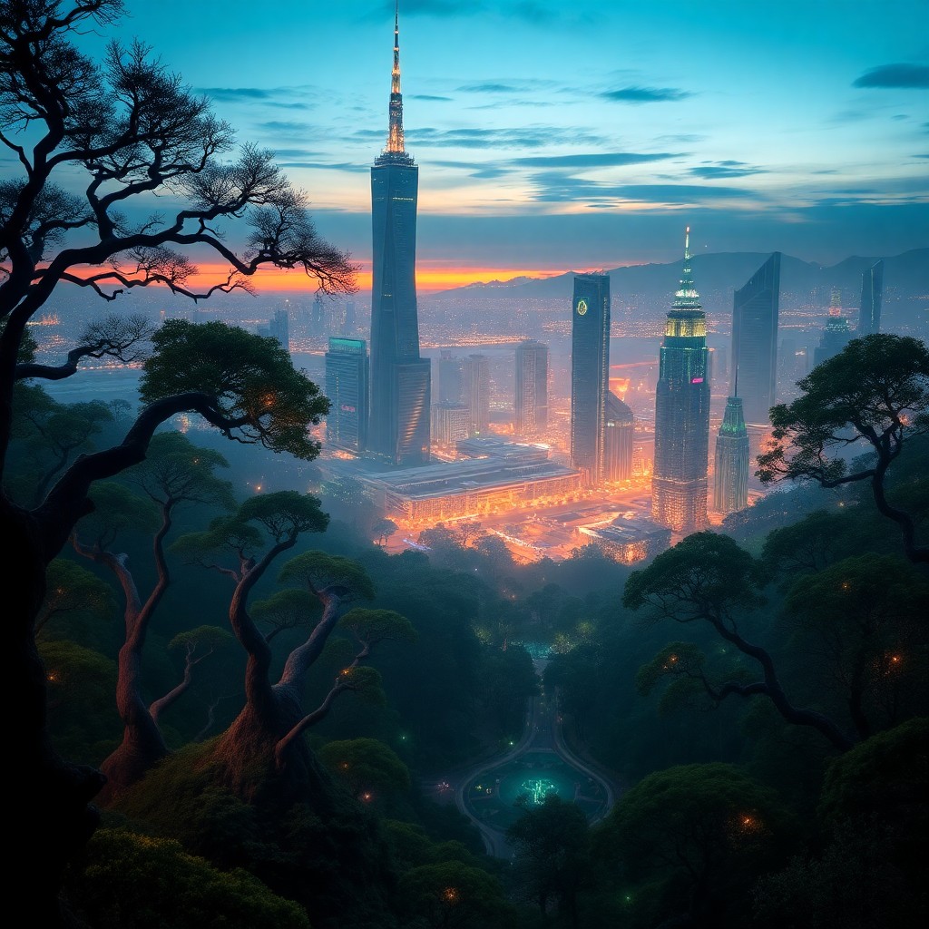 AI generated art for prompt: Observe an expansive vista where an enchanted forest intertwines with a cyberpunk metropolis during 