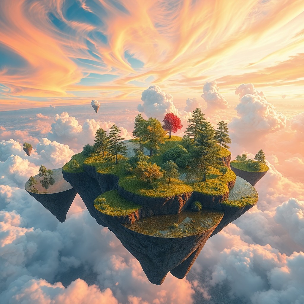 AI generated art for prompt: Visualize an enchanting digital dreamscape where the concept of ethereal floating lands merges harmo