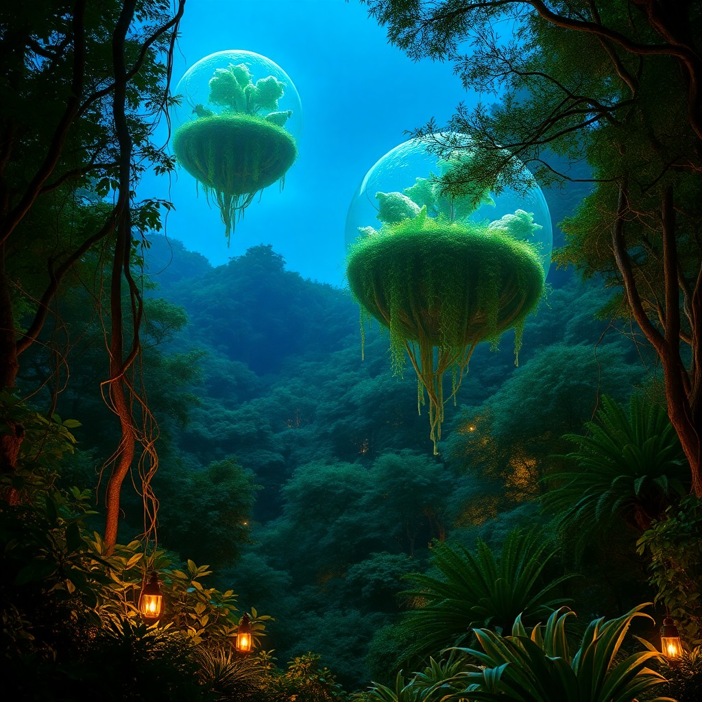 AI generated art for prompt: Imagine an enchanting landscape where verdant, thriving forests intertwine with levitating glass lan