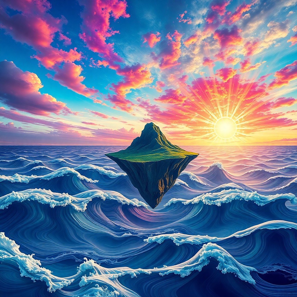 AI generated art for prompt: Create an image depicting a surreal seascape where impossible geometry merges ocean waves into undul