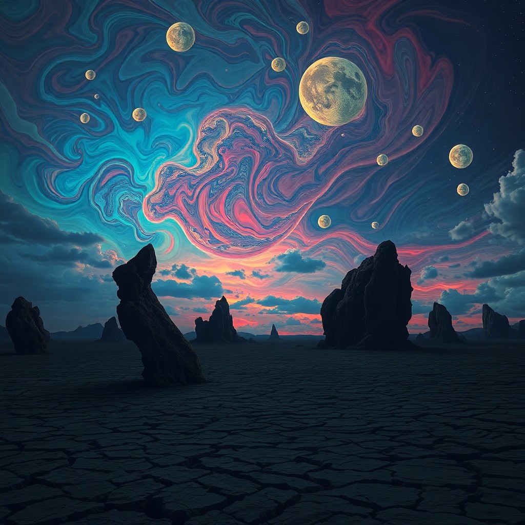 AI generated art for prompt: Envision a surreal night sky filled with swirling clouds in vibrant hues, intermingling with distort