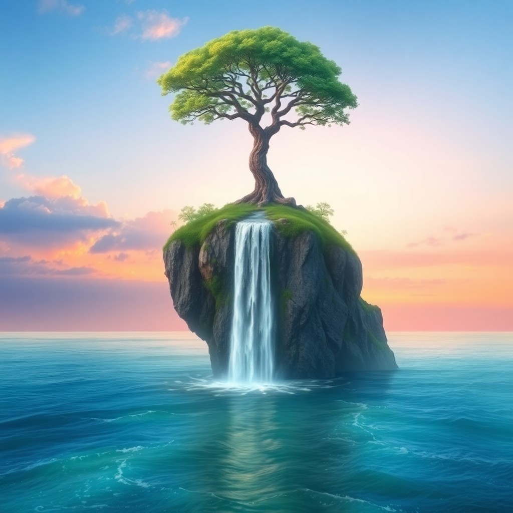 AI generated art for prompt: Imagine a surreal seascape where an ancient tree grows atop a floating island in the sky, from which