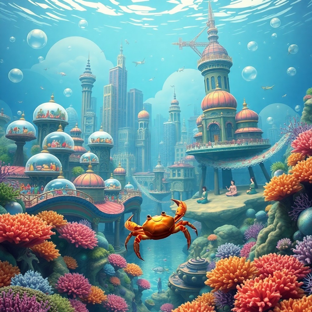 AI generated art for prompt: Create an underwater metropolis brimming with life, reminiscent of Miyazaki's enchanting worlds, whe