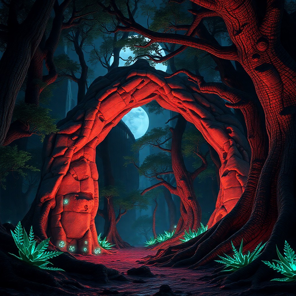 AI generated art for prompt: Create an enigmatic digital landscape where the serenity of a moonlit forest merges with surreal and