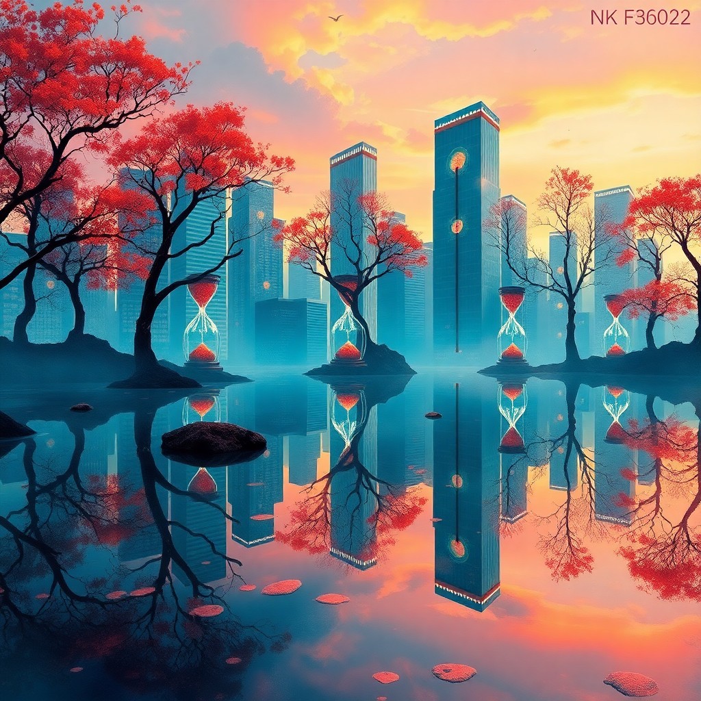 AI generated art for prompt: A serene digital dreamscape unfolds with a tranquil pond reflecting an enigmatic cityscape of skyscr