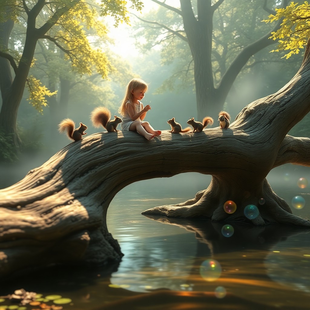 AI generated art for prompt: Envision a tranquil digital landscape reminiscent of hybrid realism, where a young girl with golden 