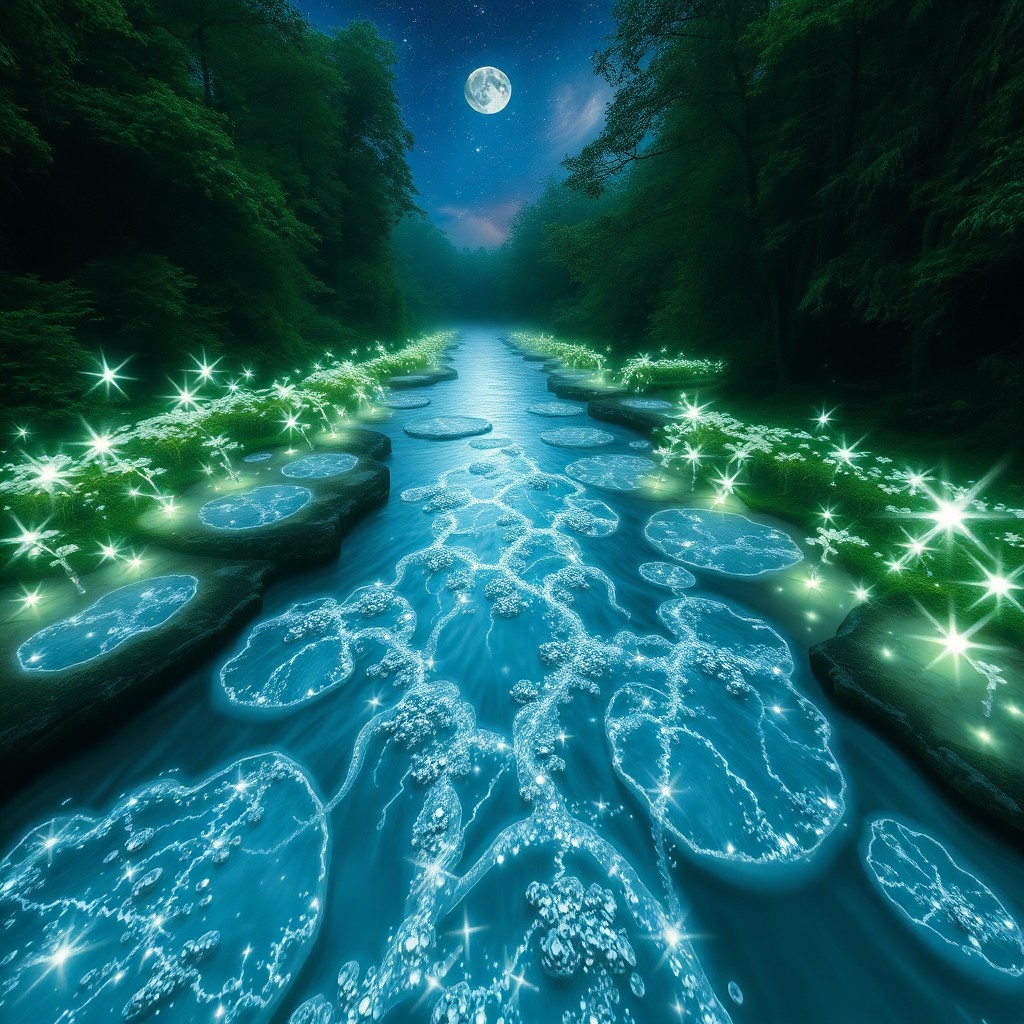 AI generated art for prompt: Envision an ethereal dreamscape unfolding with a serene river flowing through a lush forest adorned 