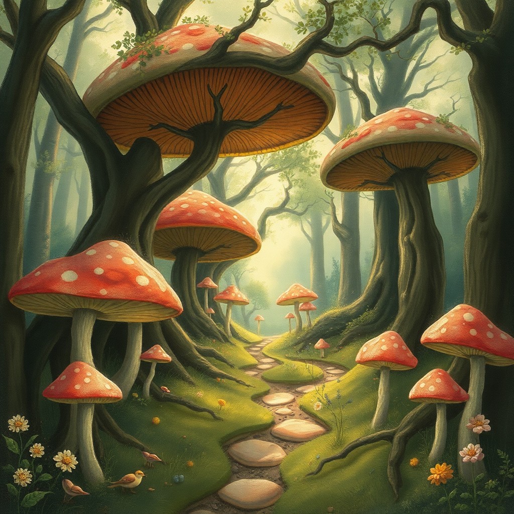 AI generated art for prompt: Craft an image reminiscent of vintage fairy tale illustrations, depicting a whimsical woodland scene