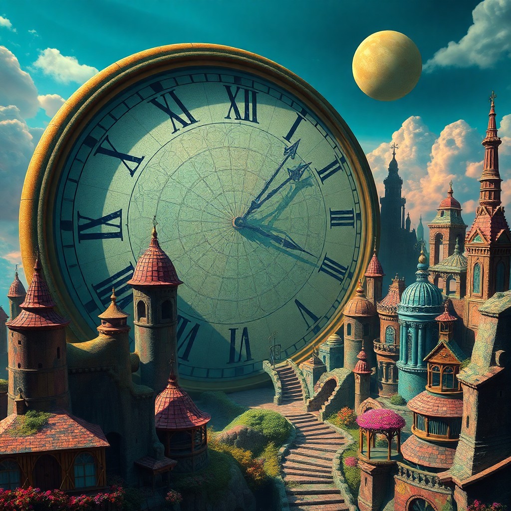 AI generated art for prompt: Create an enigmatic dreamscape featuring a colossal timepiece reminiscent of surrealism's essence, w