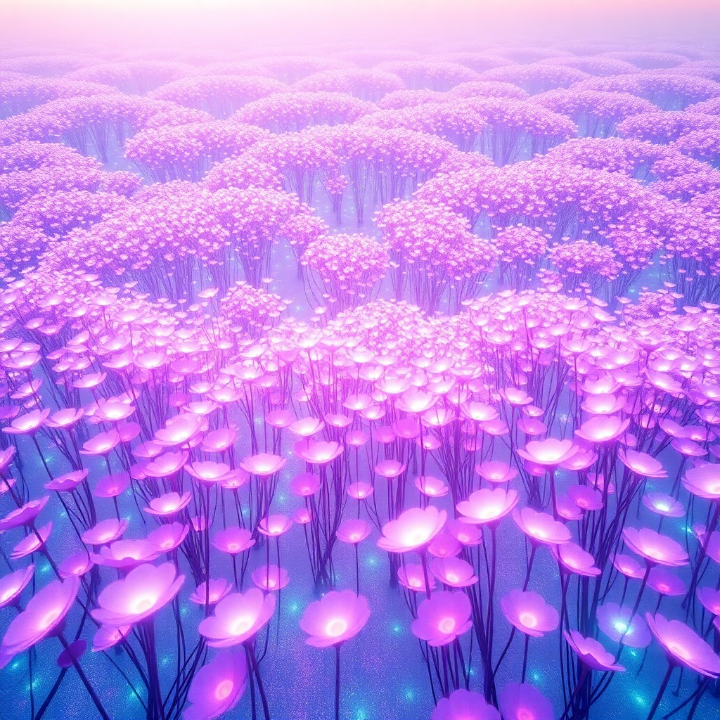 AI generated art for prompt: Create an ethereal digital landscape with a sprawling field of glowing flora in a mesmerizing palett