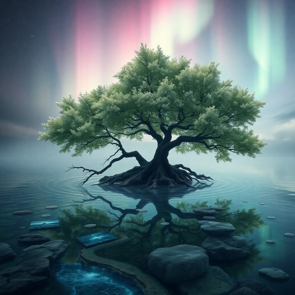 AI generated art for prompt: Envision a tranquil yet unsettling dreamscape featuring an awe-inspiring tree with glistening leaves