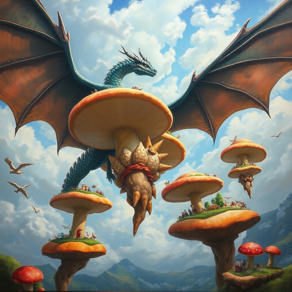 AI generated art for prompt: Create an oil painting in a surreal style, portraying a dragon gracefully soaring over a sky filled 