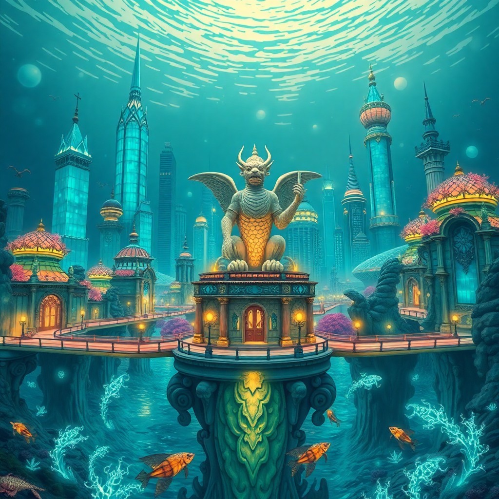 AI generated art for prompt: Craft an image reminiscent of a vintage travel poster, depicting an enchanting underwater metropolis