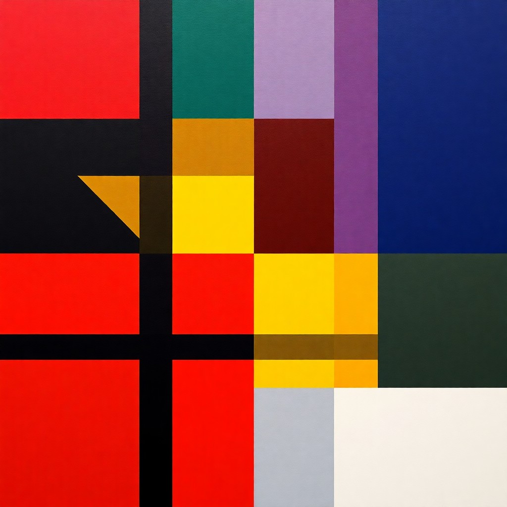 AI generated art for prompt: Craft an abstract geometric piece in the neoplasticism style, with vibrant primary colors and black 