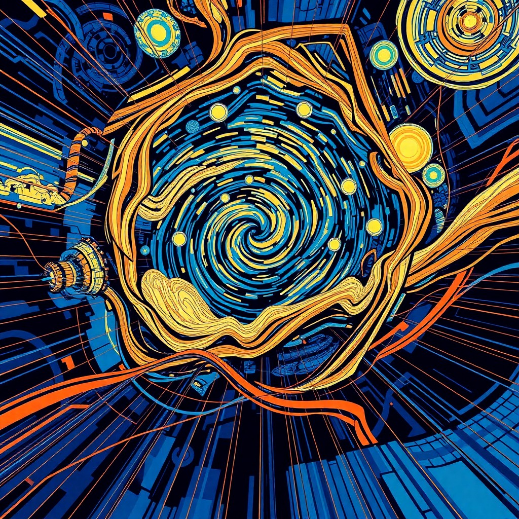 AI generated art for prompt: Envision an abstract geometric scene inspired by the swirling patterns of Van Gogh's celestial maste