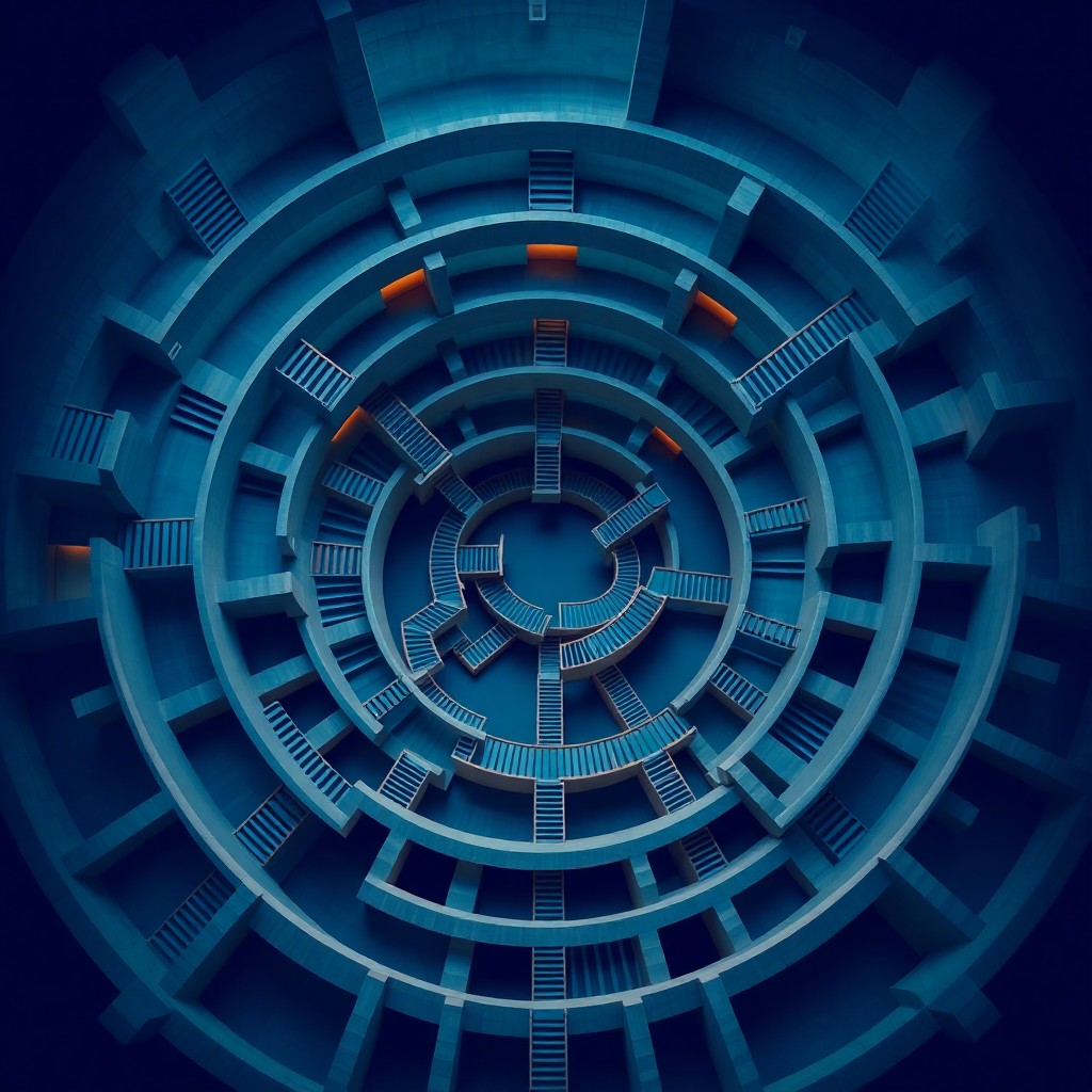 AI generated art for prompt: Create an architectural labyrinth with intricate impossible staircases, tessellations, and recursive