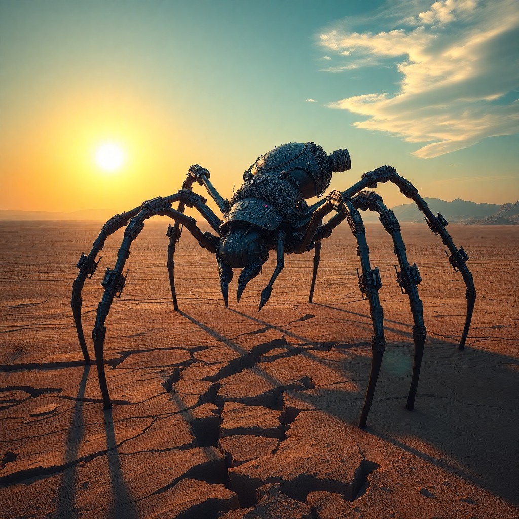 AI generated art for prompt: Create an image that embodies the surrealist aesthetic, depicting a colossal mechanical spider risin