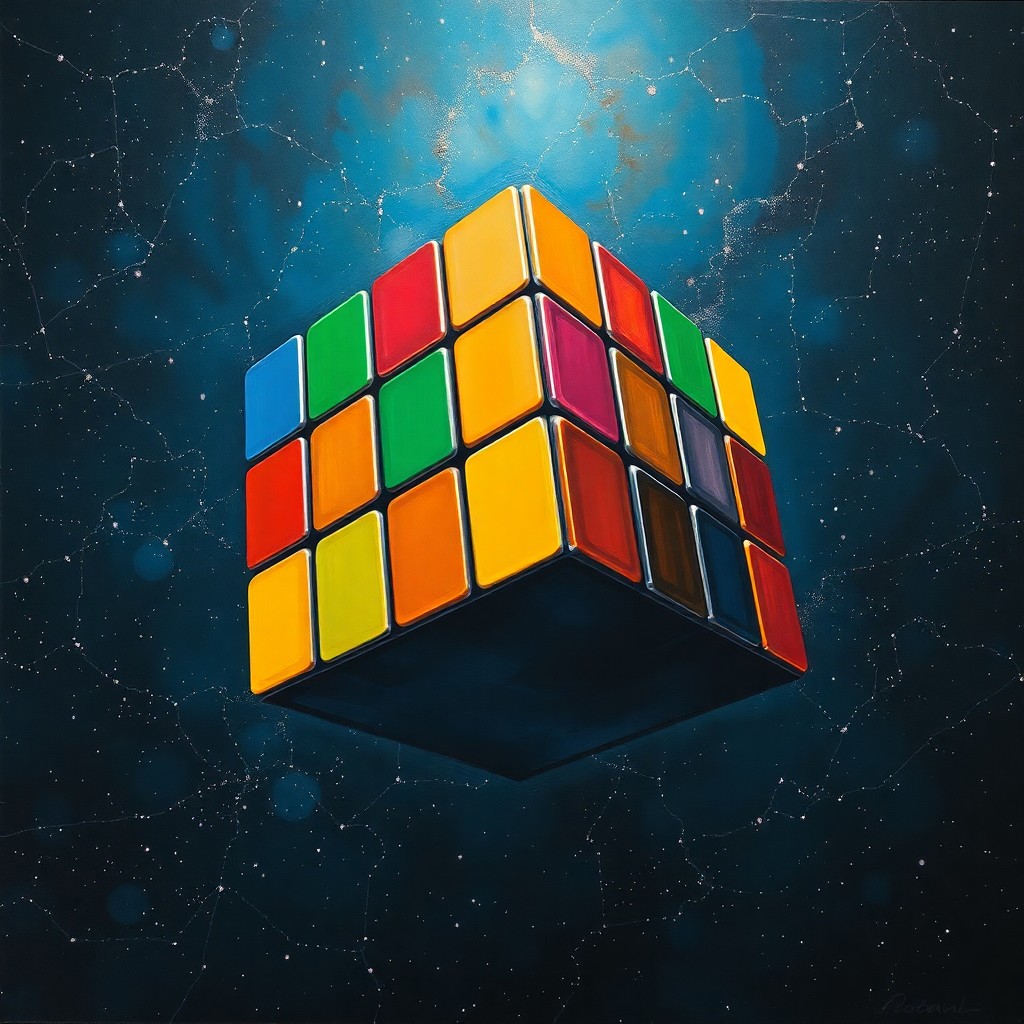 AI generated art for prompt: Imagine an enigmatic digital oil painting depicting a colossal Rubik's Cube suspended in a boundless