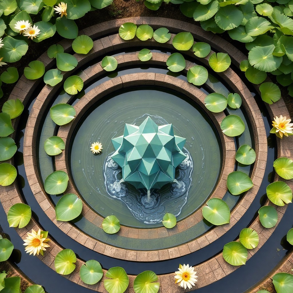 AI generated art for prompt: Create an image depicting a tranquil garden setting with lily pads arranged in concentric circles ar