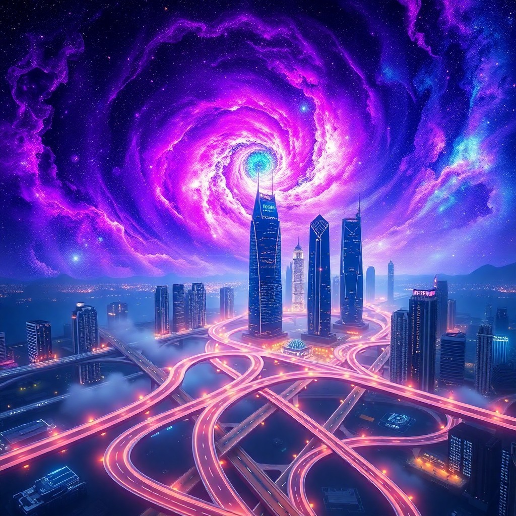 AI generated art for prompt: Visualize an interstellar digital artwork showcasing a cosmic nebula with vivid hues of purple and b