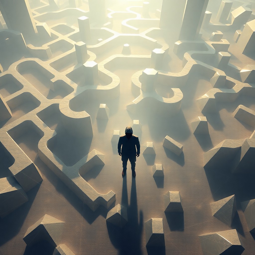 AI generated art for prompt: A surreal digital artwork captures an enigmatic figure standing amidst a labyrinthine network of geo