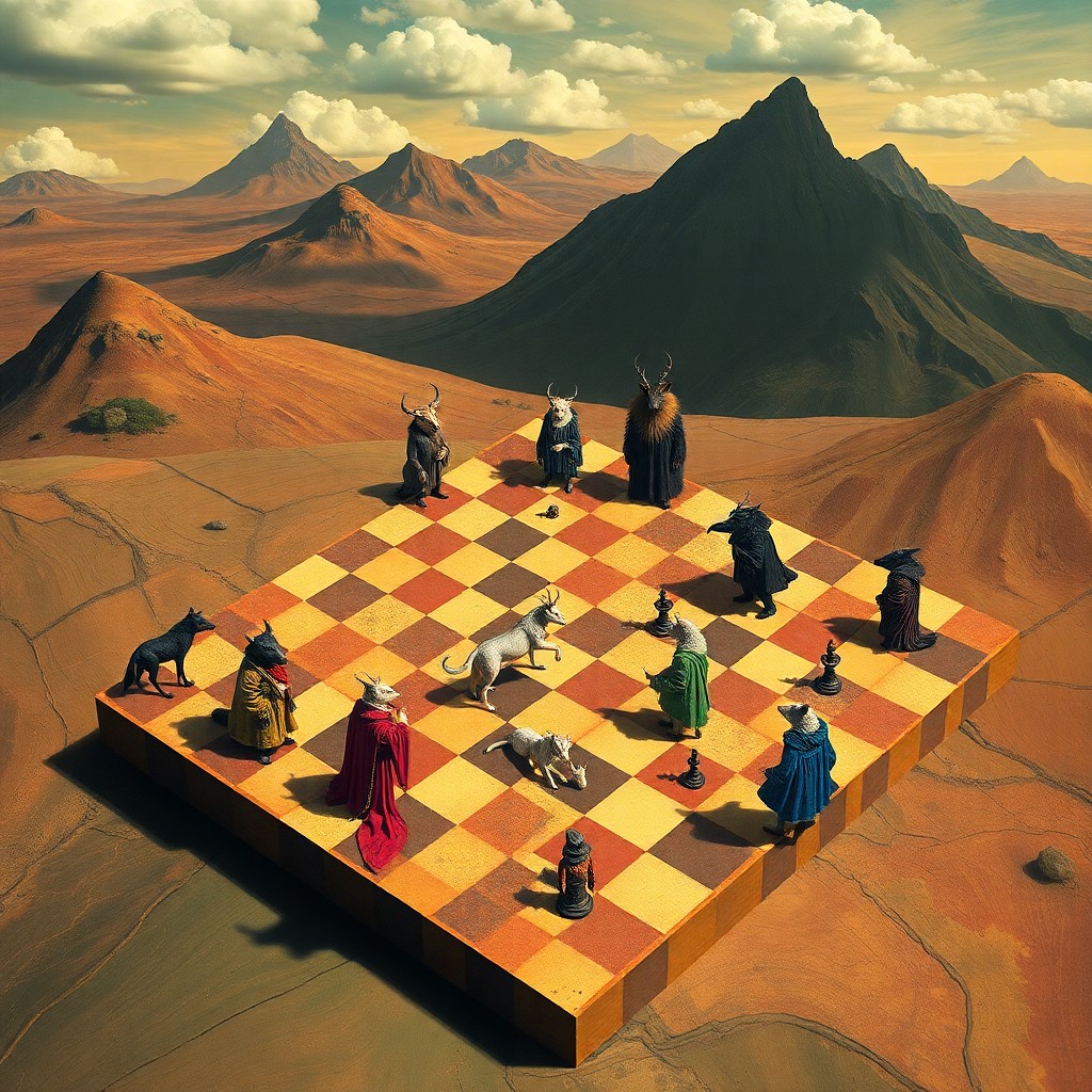 AI generated art for prompt: Craft an image embodying the surreal essence of Dali's visionary works, depicting a chessboard with 