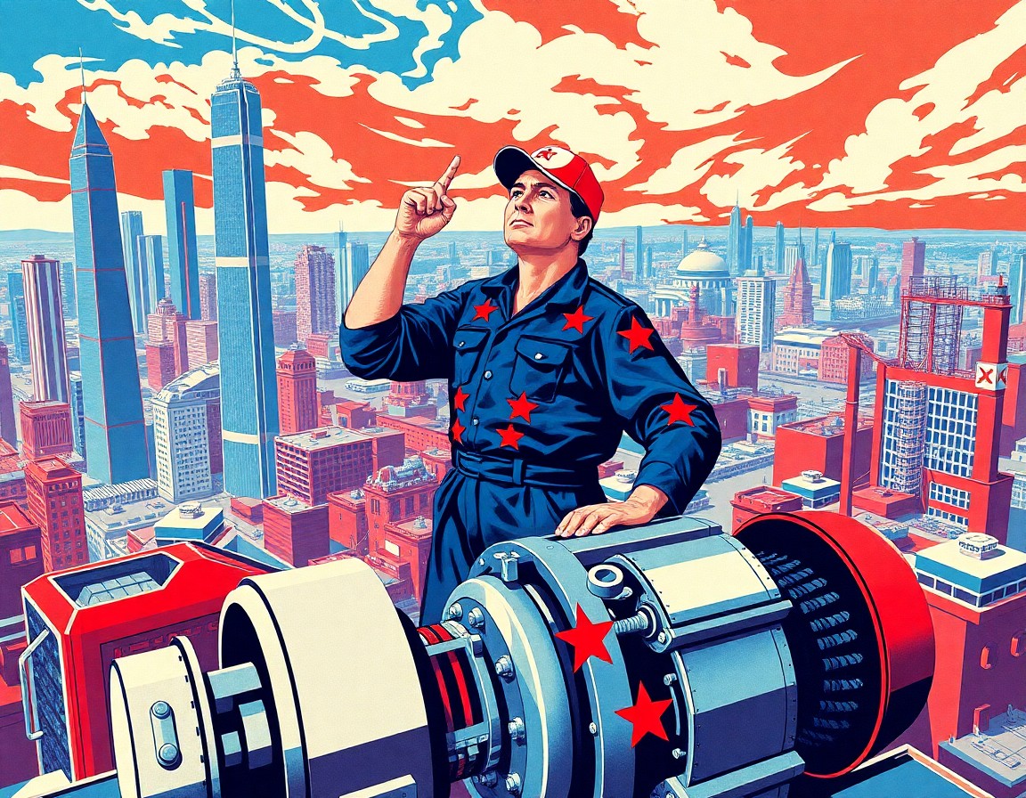 AI generated art for prompt: Craft an image in the vibrant aesthetic of Soviet propaganda art, showcasing a futuristic metropolis