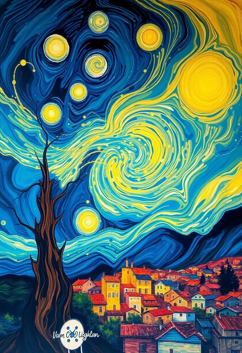 AI generated art for prompt: Craft an abstract scene capturing the dynamic energy and vivid colors reminiscent of Van Gogh's icon