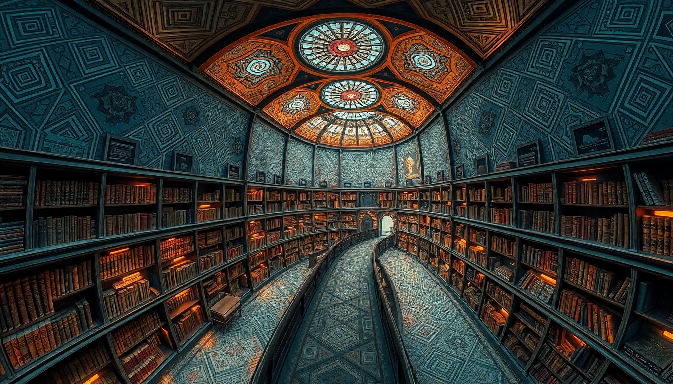 AI generated art for prompt: A panoramic view from an insect-like perspective showcases an ancient library filled with intricate 