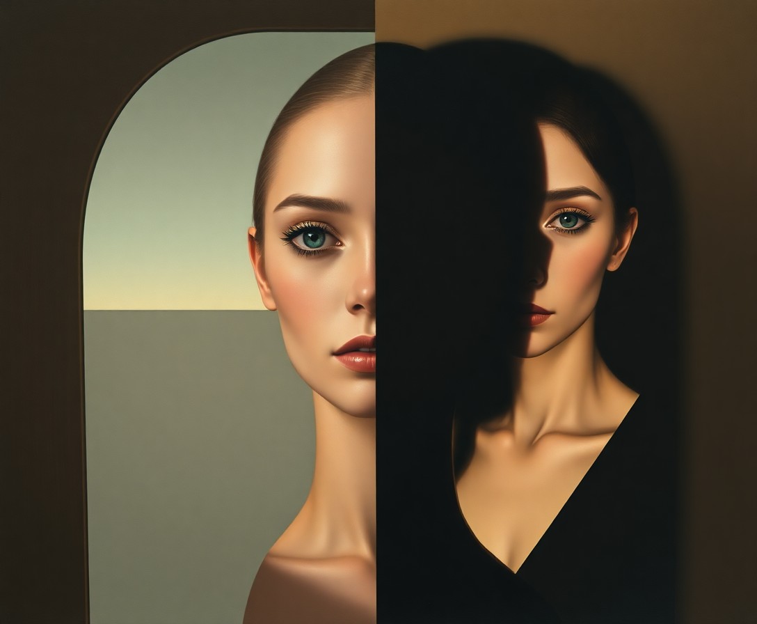 AI generated art for prompt: Create an enigmatic surreal portrait where a woman stands before a large mirror, reflecting only hal