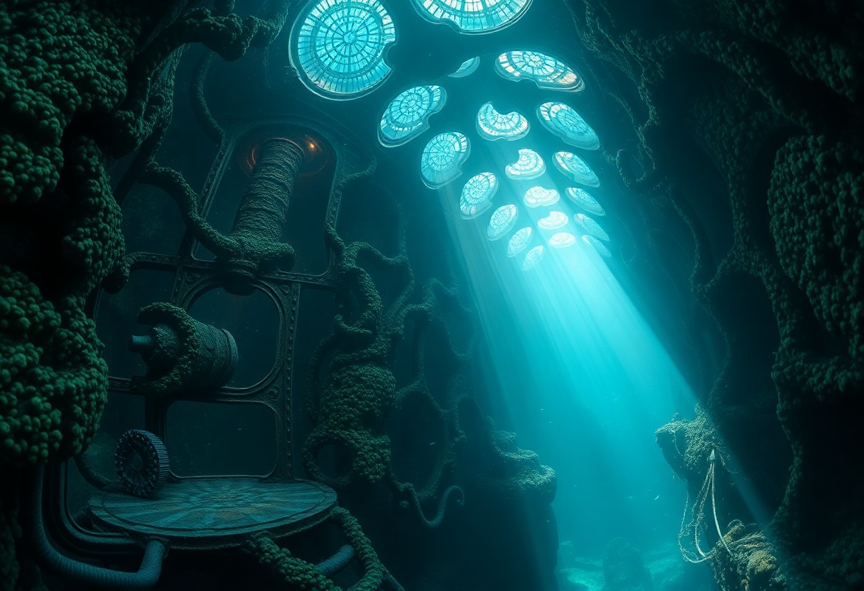 AI generated art for prompt: Depict an enigmatic underwater setting with a colossal, organic steel structure that serves as both 