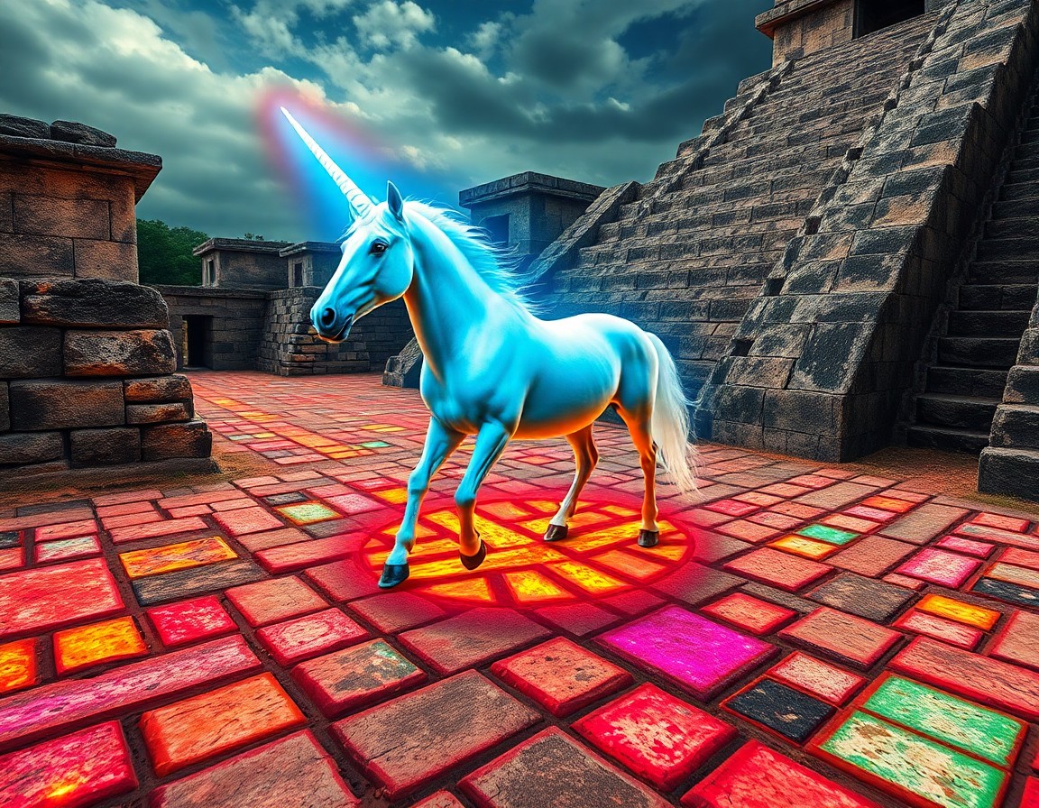 AI generated art for prompt: In this captivating scene, an awe-inspiring unicorn traverses an ancient Aztec temple complex with r