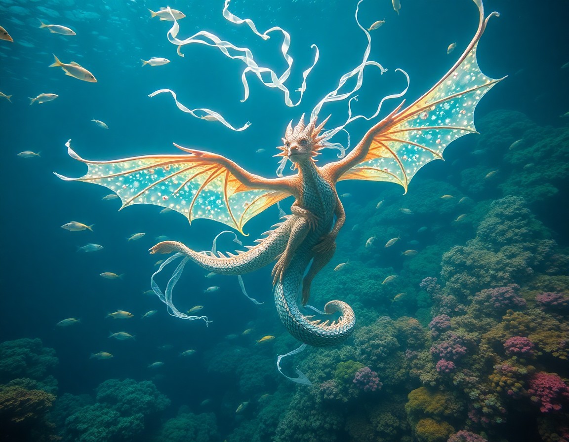 AI generated art for prompt: A captivating image depicts an enchanting underwater scene where a majestic mythical creature gracef