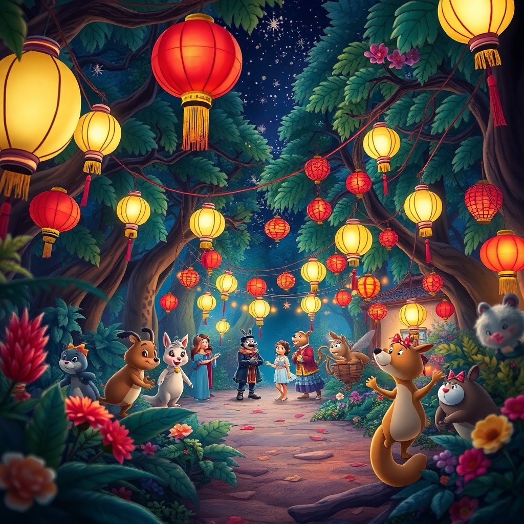 AI generated art for prompt: Craft an image reminiscent of classic Disney animations, portraying an enchanting forest celebration