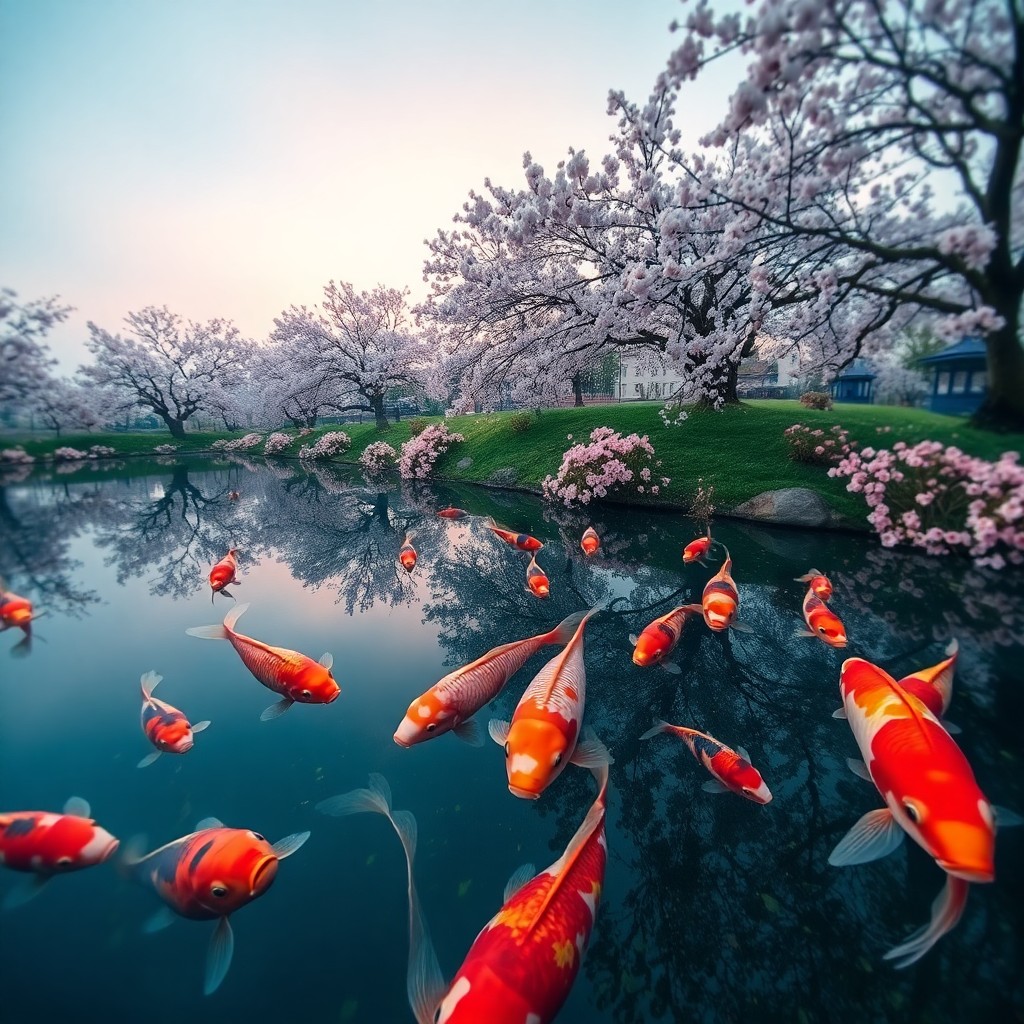 AI generated art for prompt: A mesmerizing digital artwork captures an enchanting garden pond from a unique 'bug's-eye view', sho