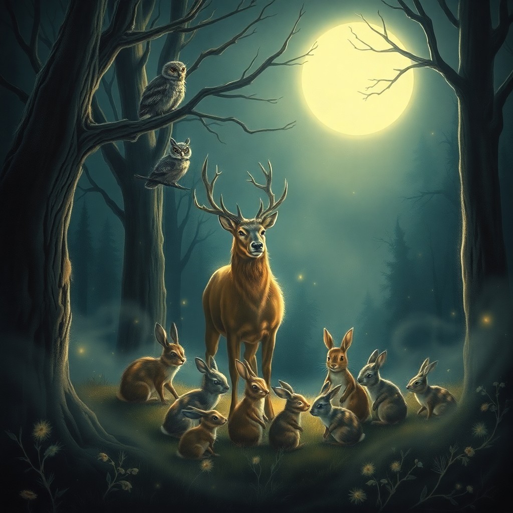 AI generated art for prompt: A moonlit forest scene unfolds with ethereal beauty, as seen through the eyes of a curious firefly. 