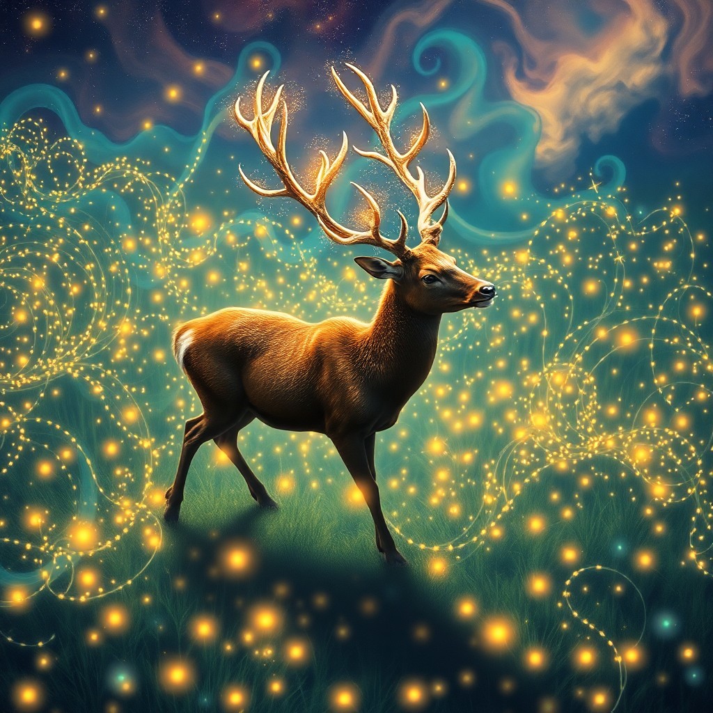 AI generated art for prompt: Visualize an enchanting digital art composition featuring a majestic stag with shimmering antlers gr