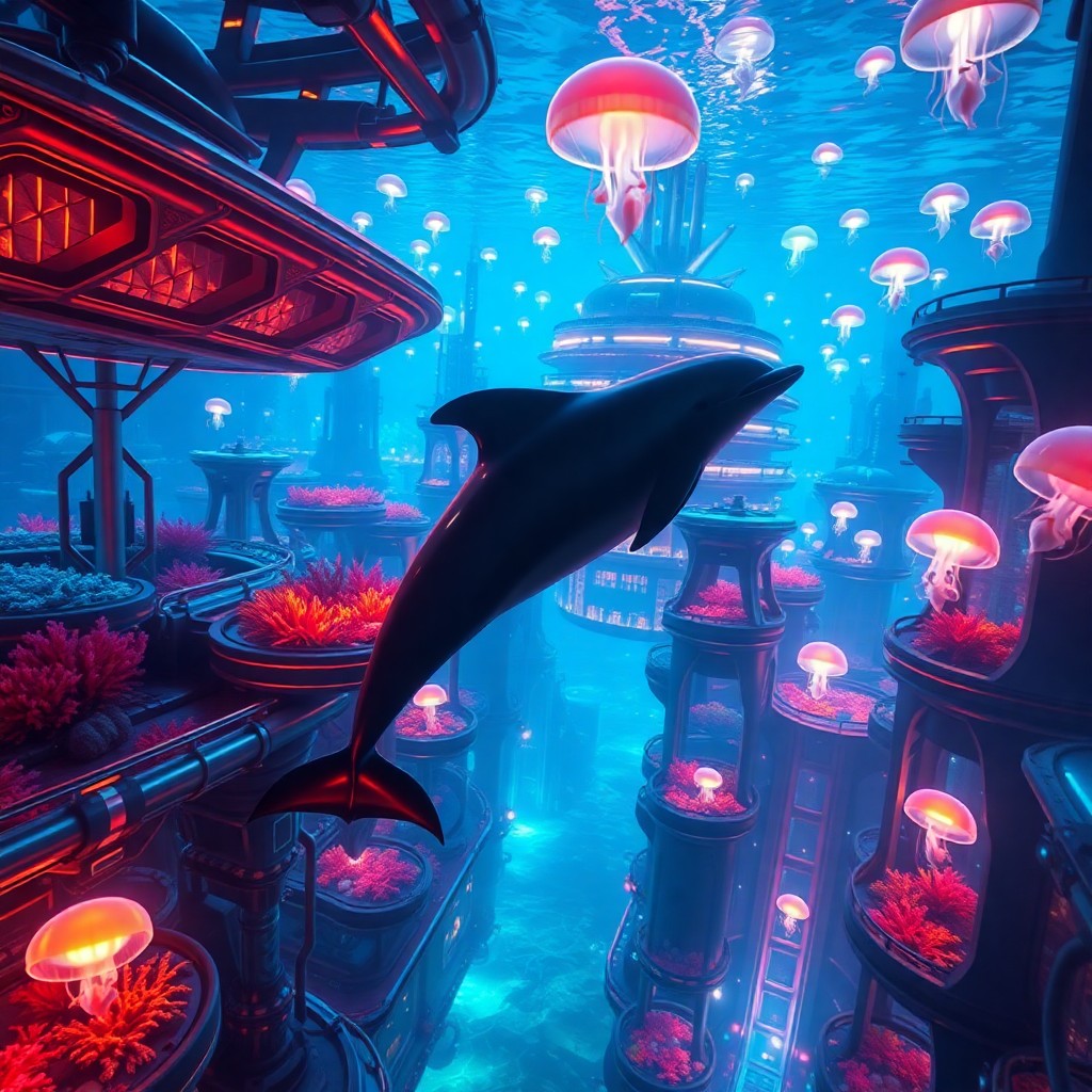 AI generated art for prompt: A futuristic underwater metropolis, reminiscent of a James Cameron film, is illuminated by the ether