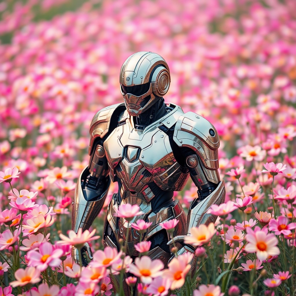 AI generated art for prompt: Depict a futuristic robot in full armor standing majestically amidst a field of iridescent flowers, 