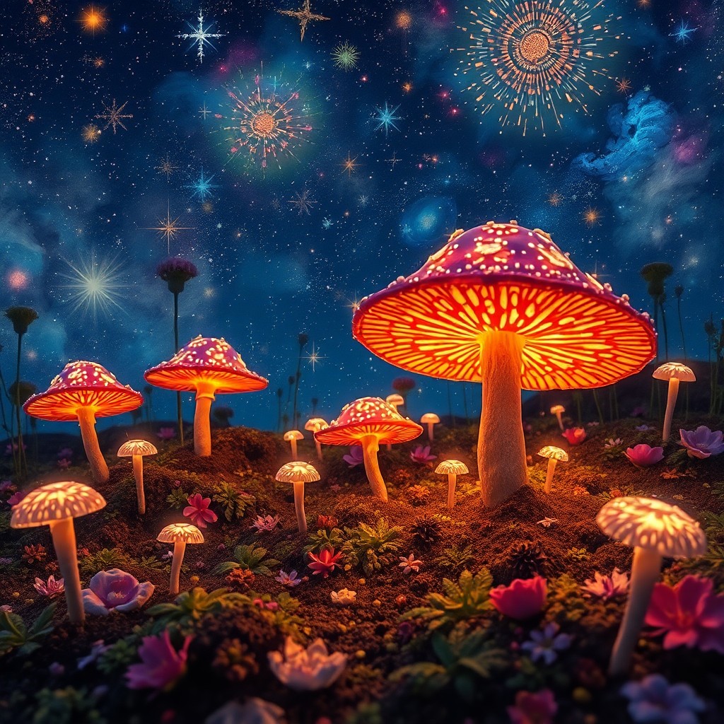 AI generated art for prompt: Imagine a captivating scene where the celestial realm meets a fairy garden from an 'bug's-eye view',