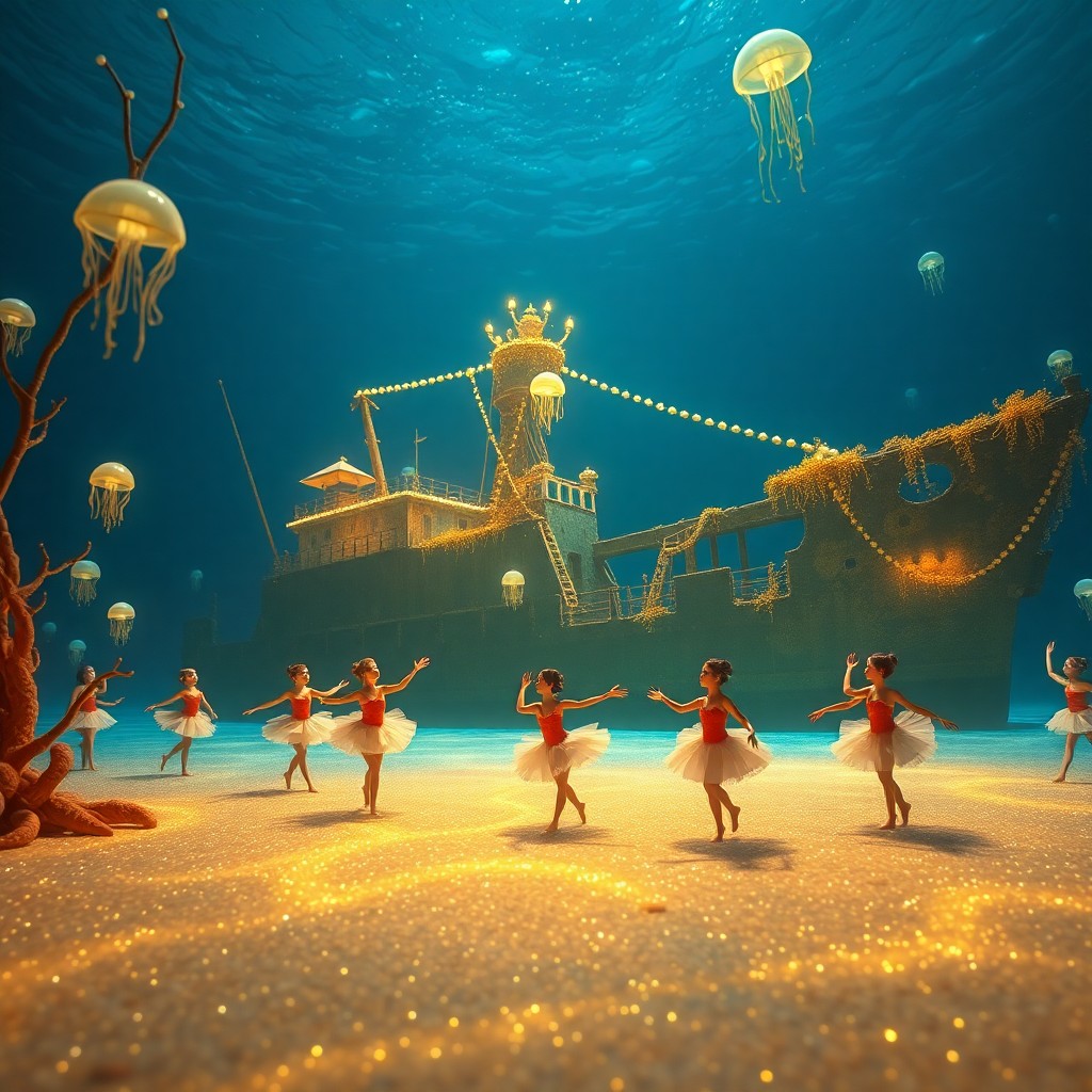 AI generated art for prompt: A surreal underwater ballet comes to life in the depths of an illuminated sea, blending the dreamlik