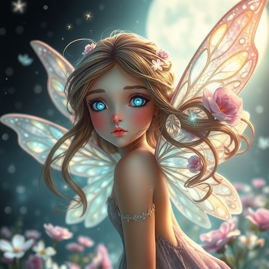 AI generated art for prompt: A whimsical portrait of an otherworldly fairy with luminescent wings captures her enchanting feature