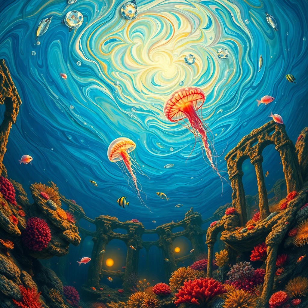 AI generated art for prompt: Imagine an enchanting underwater realm where swirling, vibrant brushstrokes reminiscent of Vincent v