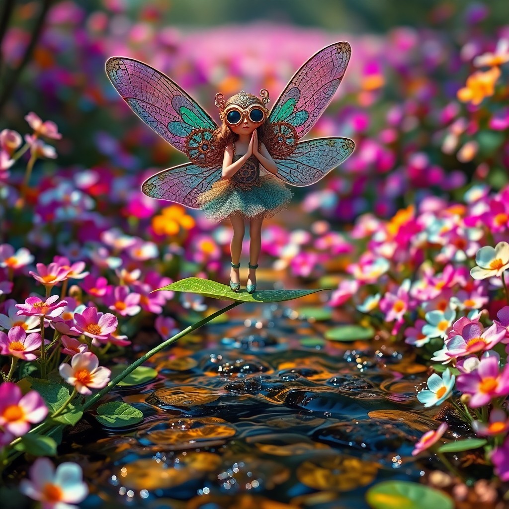 AI generated art for prompt: A whimsical fairy character emerges from a vibrant field of iridescent flowers, her mechanical wings