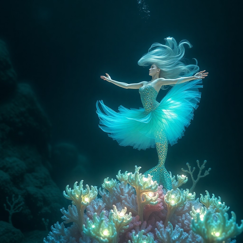 AI generated art for prompt: A hyperrealistic digital art composition depicting an enchanting underwater ballet from an unconvent