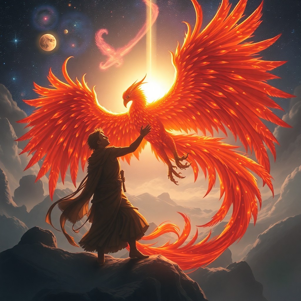 AI generated art for prompt: A captivating digital artwork depicting an ethereal dance between a celestial phoenix and an ancient