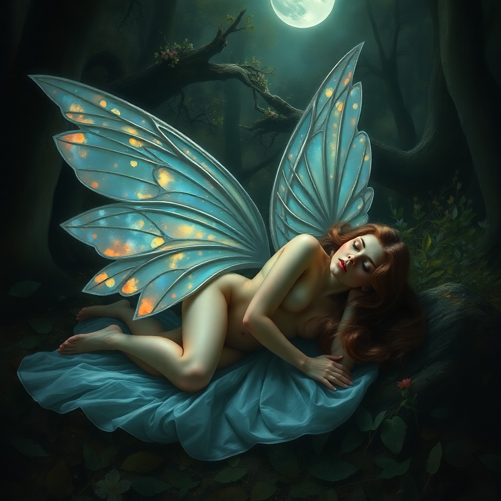 AI generated art for prompt: A celestial nymph with iridescent wings rests on a moonlit forest floor in an intricate portrait rem