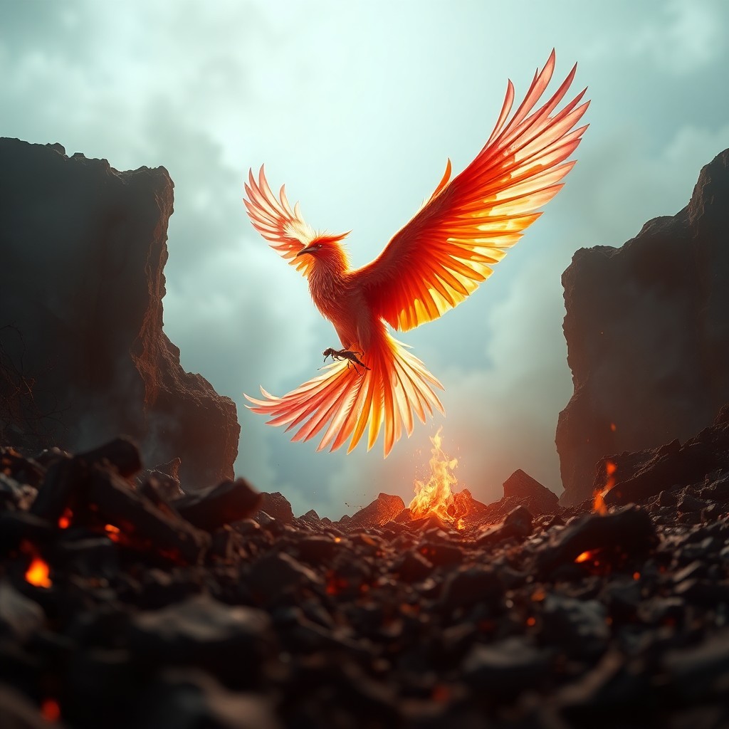 AI generated art for prompt: Create a surreal digital artwork depicting an awe-inspiring phoenix emerging from burnt debris viewe