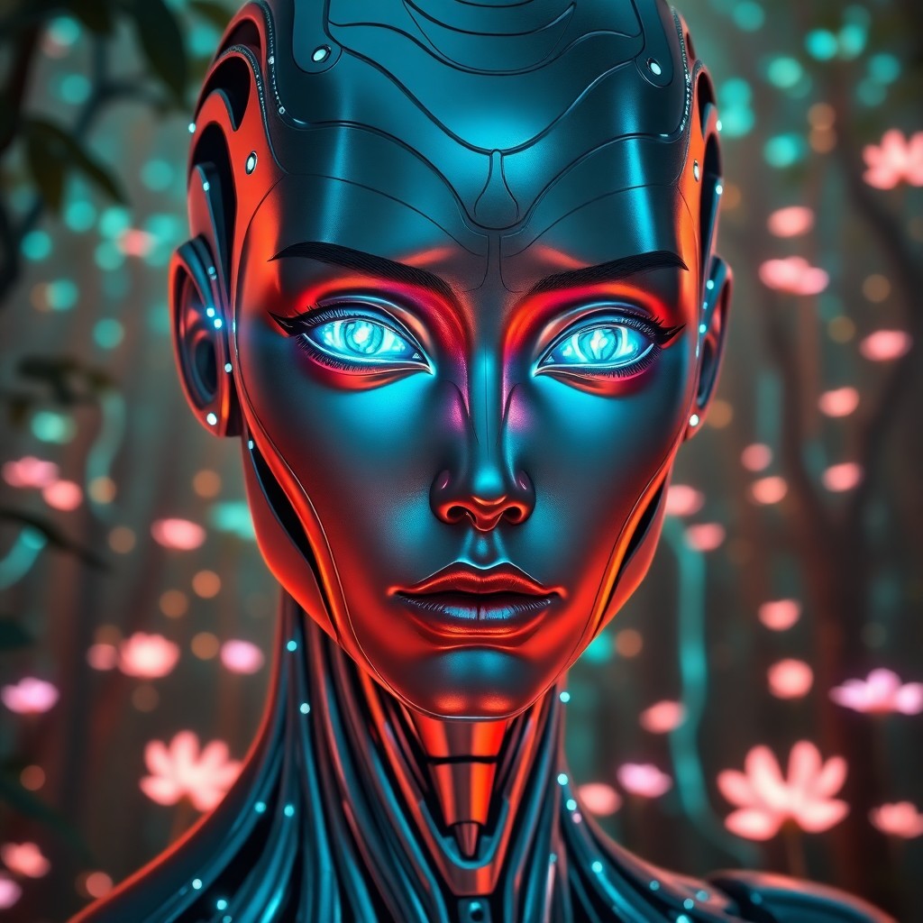 AI generated art for prompt: In an Art Nouveau-inspired digital art fusion, depict a female android portrait from a close-up pers