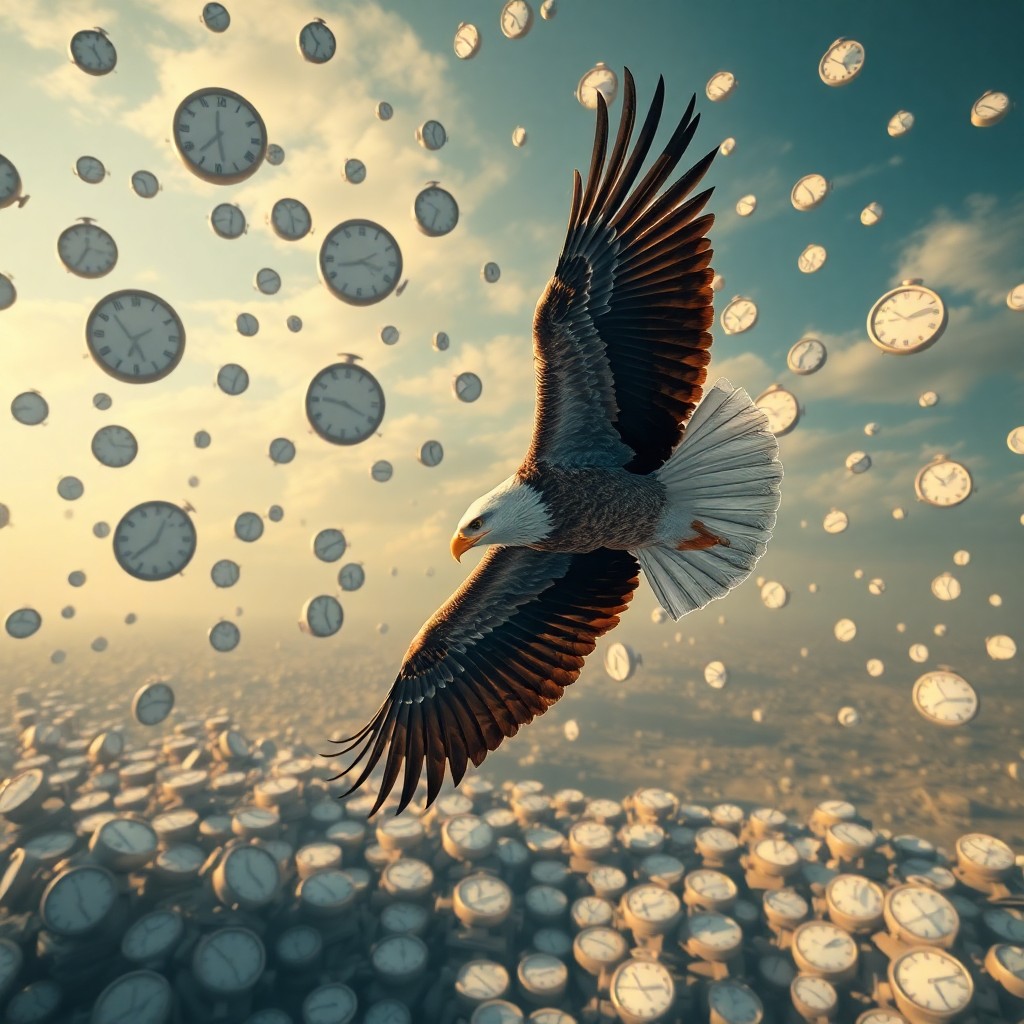 AI generated art for prompt: A surreal aerial view depicts an eagle soaring amidst a sky filled with floating, translucent timepi